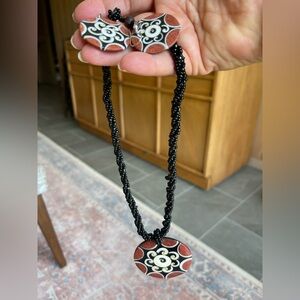 Elegant Black and Red Beaded Necklace and earrings set